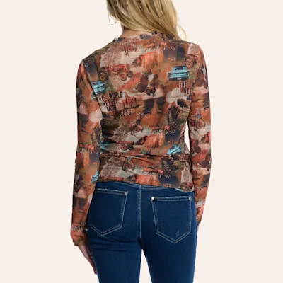 Merigold Kiss Women's Brown Truck & Tractor Print Long Sleeve Mesh Top