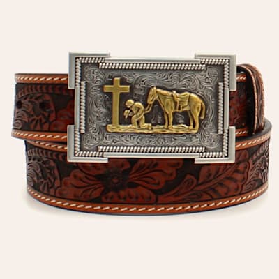 Ariat Boys' Brown Floral Tooled Belt with Silver and Gold Praying Cowboy Buckle