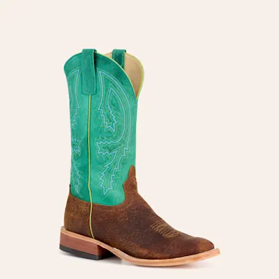 Anderson Bean Men's Tan Boar and Turquoise Wide Square Toe Cowboy Boots