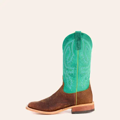 Anderson Bean Men's Tan Boar and Turquoise Wide Square Toe Cowboy Boots