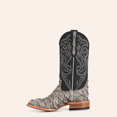 Cavender's Women's Horseman Charcoal Pirarucu & Black Leather Wide Square Toe Cowboy Boots