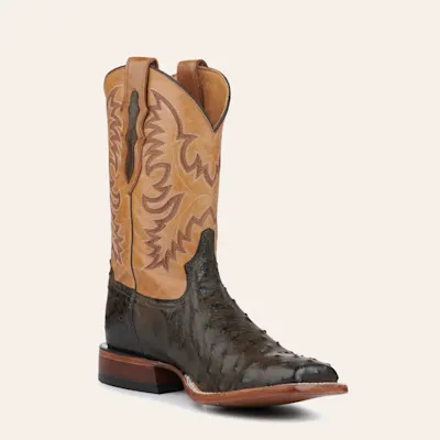 Tony Lama Men's Dark Brown Full Quill Ostrich and Tan Wide Square Toe Exotic Cowboy Boots - Cavender's Exclusive