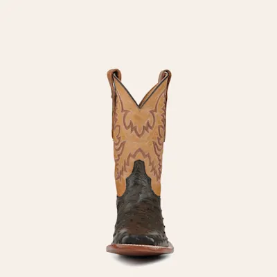 Tony Lama Men's Dark Brown Full Quill Ostrich and Tan Wide Square Toe Exotic Cowboy Boots - Cavender's Exclusive
