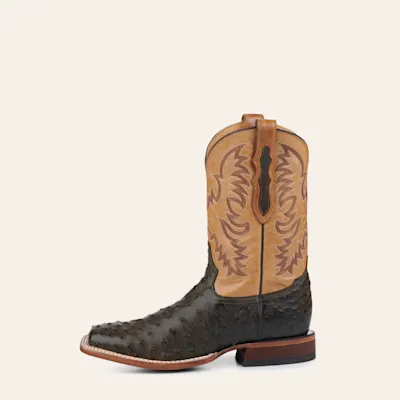 Tony Lama Men's Dark Brown Full Quill Ostrich and Tan Wide Square Toe Exotic Cowboy Boots - Cavender's Exclusive