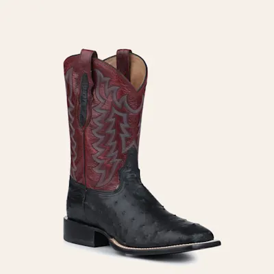 Tony Lama Men's Black Full Quill Ostrich and Dark Red Wide Square Toe Exotic Cowboy Boots - Cavender's Exclusive