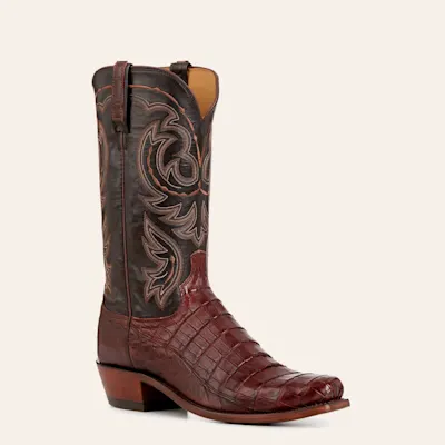 Lucchese Men's Douglas Dark Brown and Barrel Brown Caiman and Ostrich Exotic Cowboy Boots
