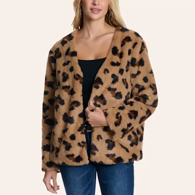 HYFVE Women's Leopard Print Open Front Faux Fur Jacket