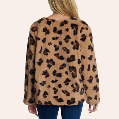 HYFVE Women's Leopard Print Open Front Faux Fur Jacket