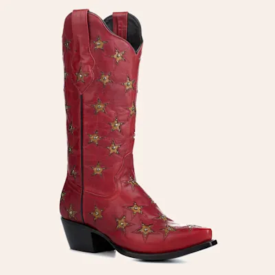 Black Star Women's Marfa Red with Dark Gold Star Inlays Snip Toe Cowboy Boots