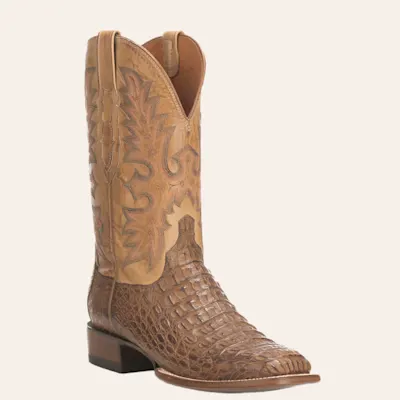 Lucchese Men's Tan Burnish Hornback Caiman Wide Square Toe Exotic Cowboy Boots