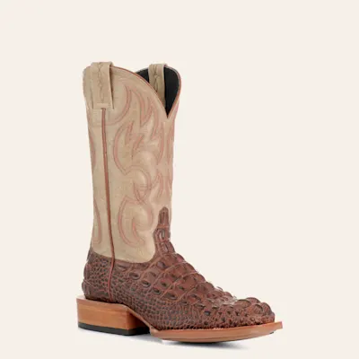 Cavender's Men's Intrepid Antique Cognac Hornback Alligator Print and Bone Wide Square Toe Cowboy Boots