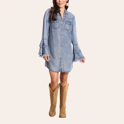 Rockin' C Women's Medium Wash Denim Frayed Shirt Dress