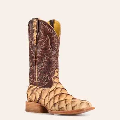 Cavender’s Men’s Brass and Caramel Pirarucu Wide Square Toe Exotic Cowboy Boots