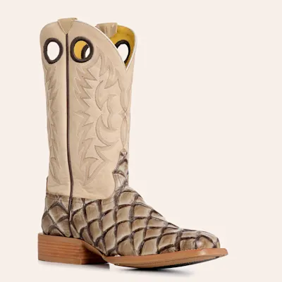Cavender's Men's Intrepid Glazed Taupe and Light Gray Pirarucu Print Wide Square Toe Cowboy Boots