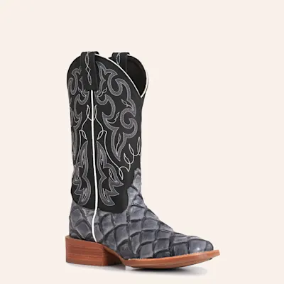 Cavender's Women's Intrepid Gray Pirarucu Print & Black Faux Leather Wide Square Toe Cowboy Boots