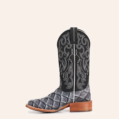 Cavender's Women's Intrepid Gray Pirarucu Print & Black Faux Leather Wide Square Toe Cowboy Boots