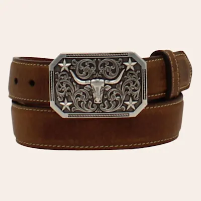 3D Belt Co. Boys' Brown Leather Longhorn Buckle Belt