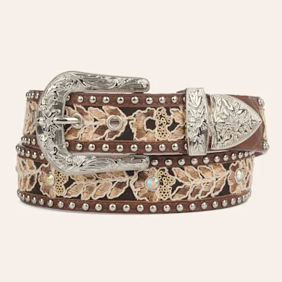Angel Ranch Women's Brown Leather with Floral Embroidery Crystals and Studs Western Belt