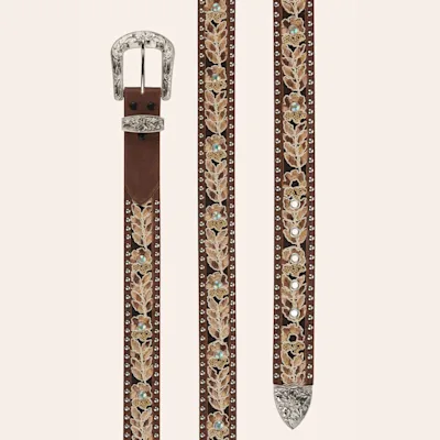 Angel Ranch Women's Brown Leather with Floral Embroidery Crystals and Studs Western Belt