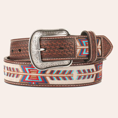 3D Belt Co Men's Brown with Red Blue and Cinnamon Aztec Stitch Western Belt