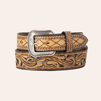 3D Belt Co Men's Tooled Leather Calf Hair Underlay Western Belt