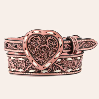Angel Ranch Girl's Pink Floral Tooled Leather Matching Heart Buckle Belt