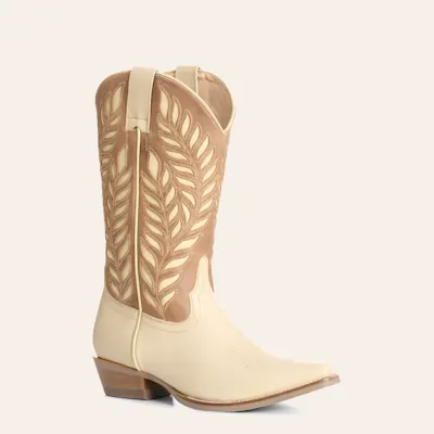 Rockin' C Women's Cream & Sand Botanical Inlay Snip Toe Cowboy Boots