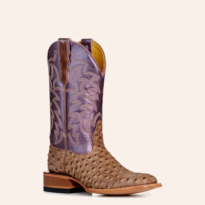 Cavender’s Women’s Endurance Sand Ostrich Print and Metallic Purple Wide Square Toe Cowboy Boots