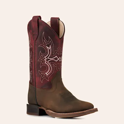 Old West Kids Brown and Burgundy Wide Square Toe Cowboy Boots