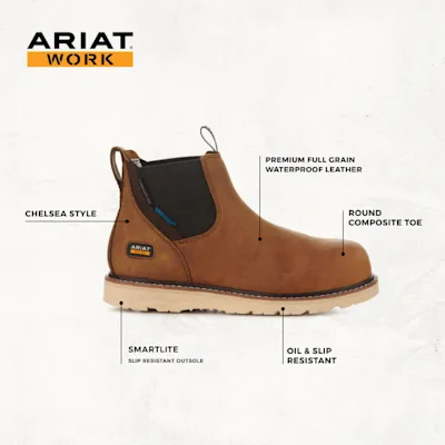 Ariat Women's Rebar Wedge Antique Brown Waterproof Round Composite Toe Chelsea Work Boot