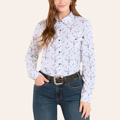 Rock & Roll Denim Women's White Steer Head Print Long Sleeve Pearl Snap TEK Western Shirt