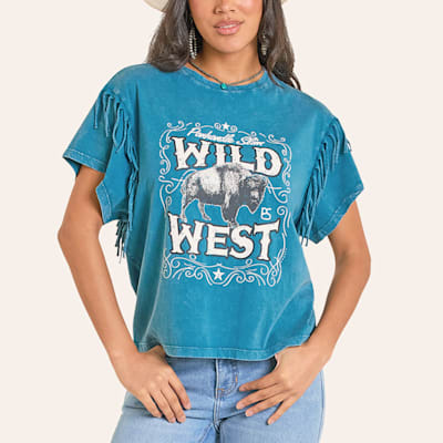 Panhandle Slim Women's Turquoise Fringed Wild West Bison Graphic T-Shirt