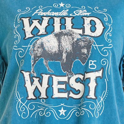 Panhandle Slim Women's Turquoise Fringed Wild West Bison Graphic T-Shirt