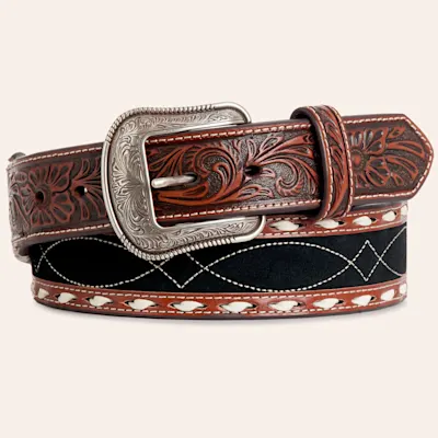 Rafter C Men's Black & Brown Tapered Tooled Leather Boot Stitched Silver Buckle Belt