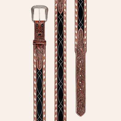 Rafter C Men's Black & Brown Tapered Tooled Leather Boot Stitched Silver Buckle Belt