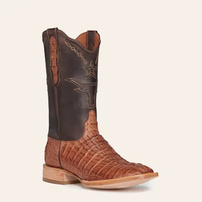 Black Jack Men's Chocolate and Cigar Caiman Tail Steer and Star Wide Square Toe Exotic Cowboy Boots