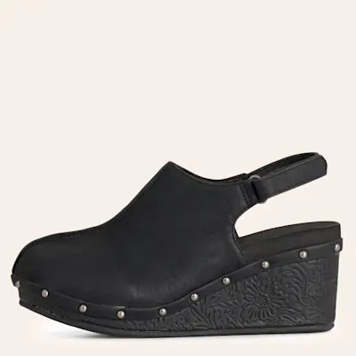 Very G Women's Miranda Black Floral Embossed Leather Wedge Sandals