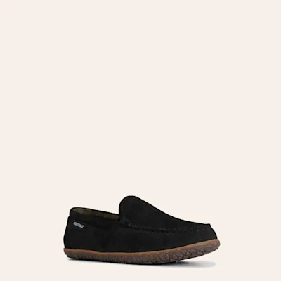 Minnetonka Men's Rough Out Black Water-Resistant Leather Slippers
