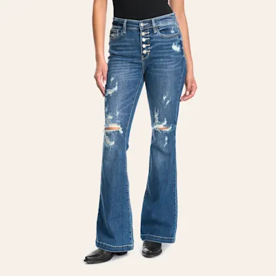 Judy Blue Women's Dark Button Distressed Flare Jeans - Plus Sizes