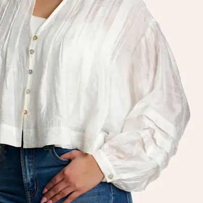 Blue B Women's White Sheer Cropped Long Sleeve Peasant Top