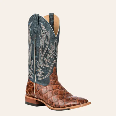 Anderson Bean Men's Horse Power Cognac & Blue Fish Print Wide Square Toe Cowboy Boots
