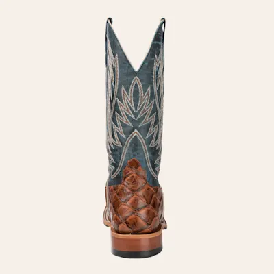 Anderson Bean Men's Horse Power Cognac & Blue Fish Print Wide Square Toe Cowboy Boots
