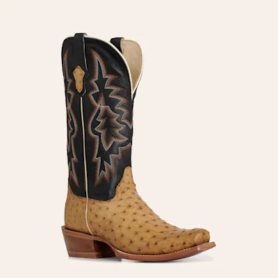 Tony Lama Men’s Cognac Full Quill Ostrich & Black Kidskin Cutter Toe Cowboy Boots