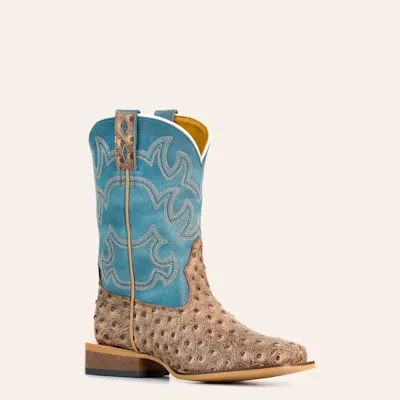 Cavender's Kids' Sand Ostrich Print and Blue Wide Square Toe Cowboy Boots