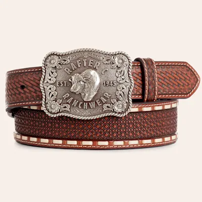 Rafter C Men's Tan Tooled Leather Straight Stitched Silver Steer Head Buckle Belt