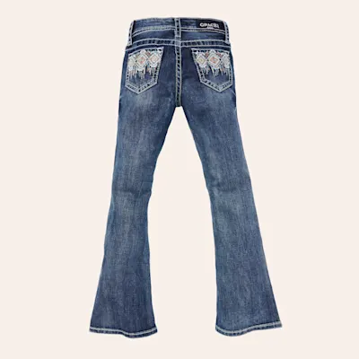 Grace In LA Girls' Aztec Embroidered Pocket Medium Wash Bootcut Jeans