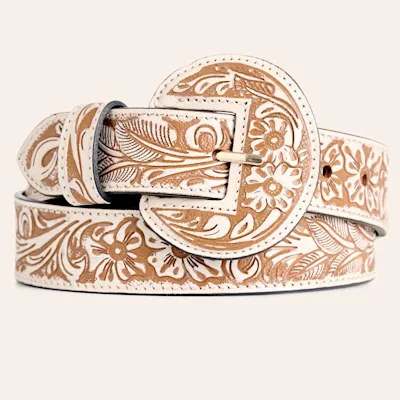 Myra Women's White & Brown Tooled Leather Buckle Belt