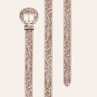 Myra Women's White & Brown Tooled Leather Buckle Belt 2 Myra Women's White & Brown Tooled Leather Buckle Belt