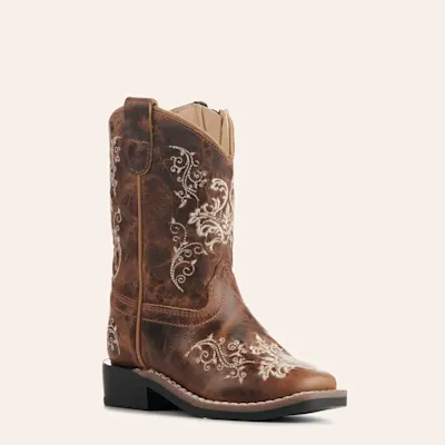 Old West Toddlers' Burnt Tan with Cream Embroidery Wide Square Toe Cowboy Boots