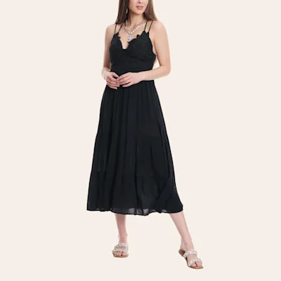 Blue B Women's Black Lace V-Neck Sleeveless Long Lined Dress